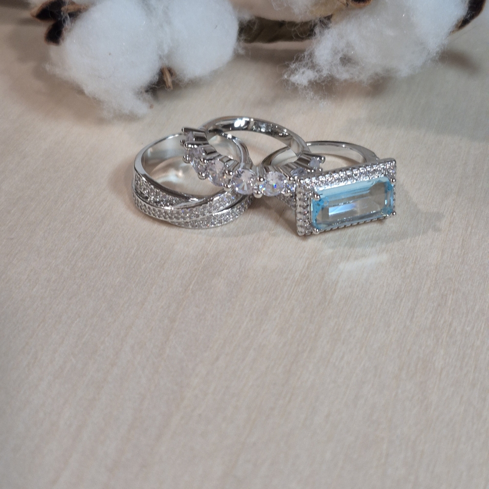 🩵🩶NEW🩵🩶 STUNNING!! Vintage 3PC Set Aquamarine CZ'S Rings In SILVER Plating - Picture 9 of 16